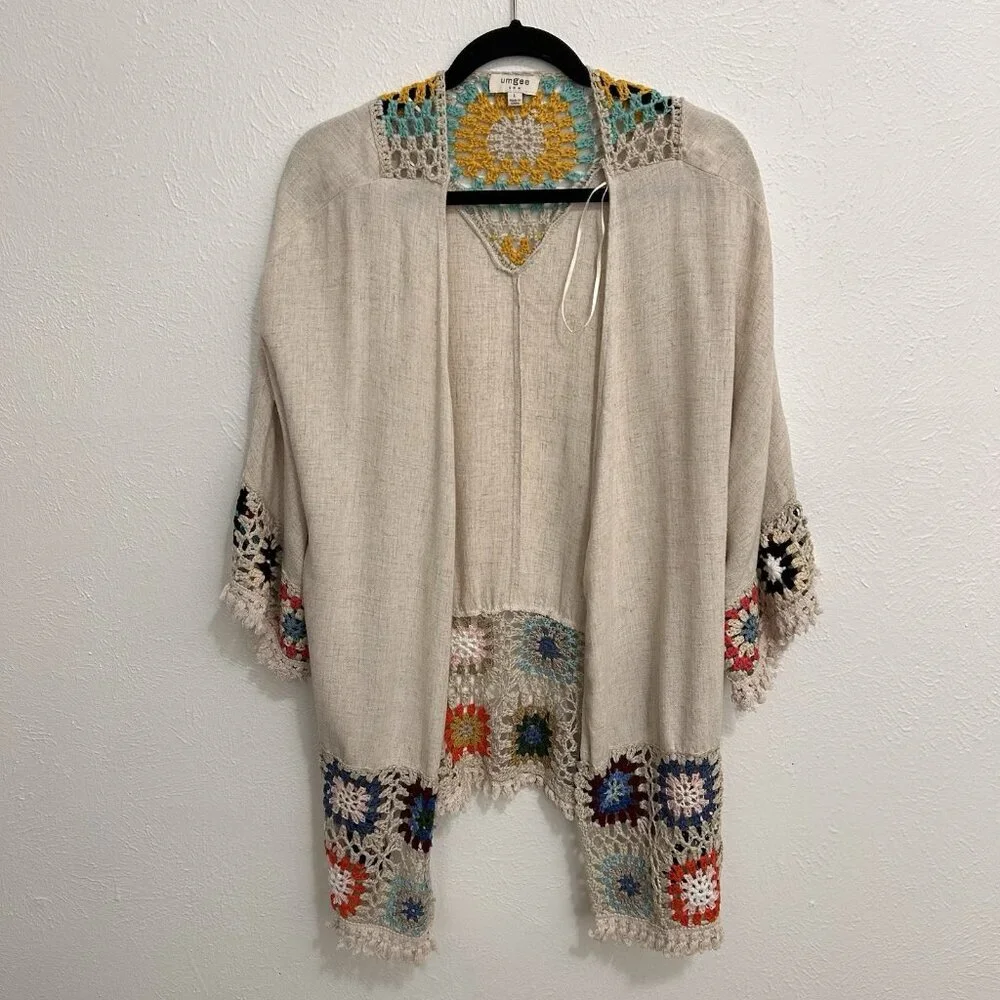 Umgee Crochet Patchwork Kimono Cardigan Oatmeal Open Front Granny core Size L - Picture 2 of 11